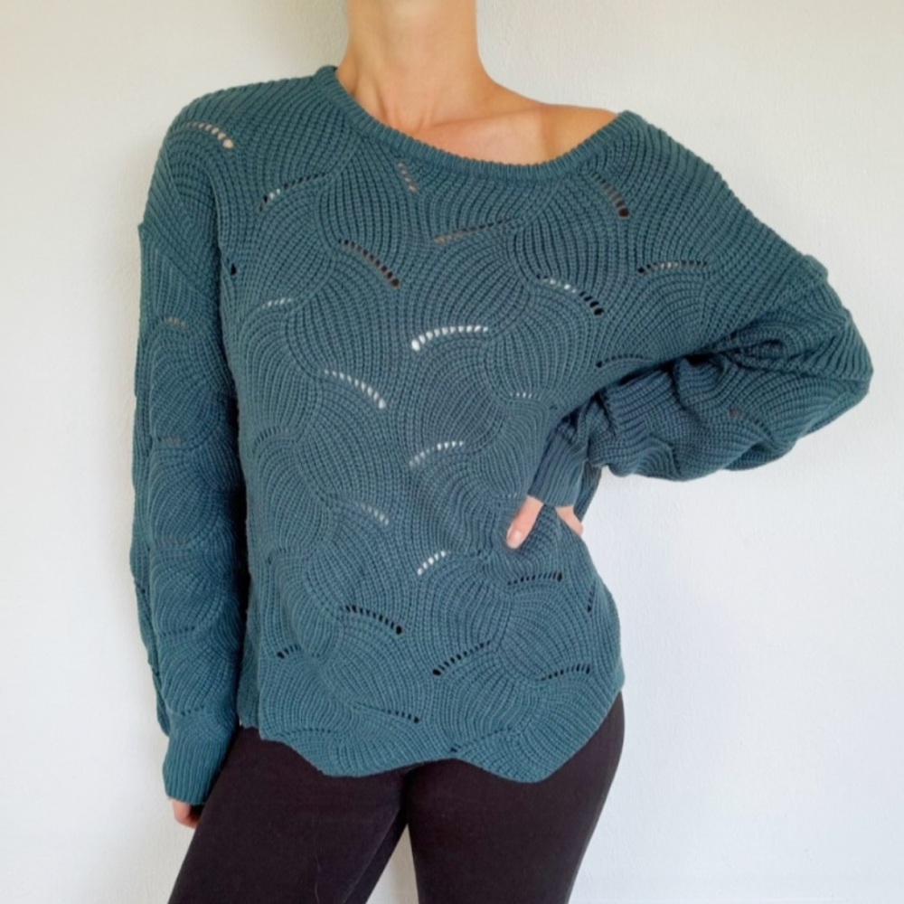 SHEIN dark green open stitch scallop trim wave knit long sleeve sweater size XL